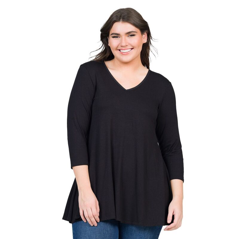 24 セブンコンフォート レディース トップス Tシャツ Vネック プラスサイズ Plusize 24Seven Comfort Apparel Quarter Sleeve V-Neck Tunic Top Black ブラック