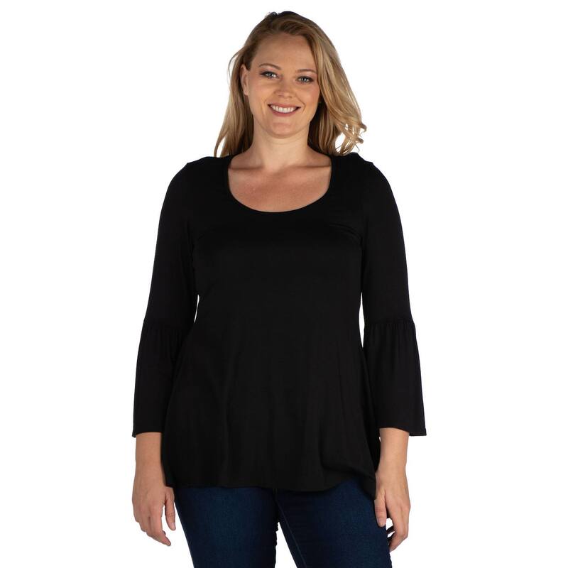 24 セブンコンフォート レディース トップス Tシャツ プラスサイズ Plusize 24Seven Comfort Apparel Bell Sleeve Flared Tunic Top Black ブラック|ReVida 店