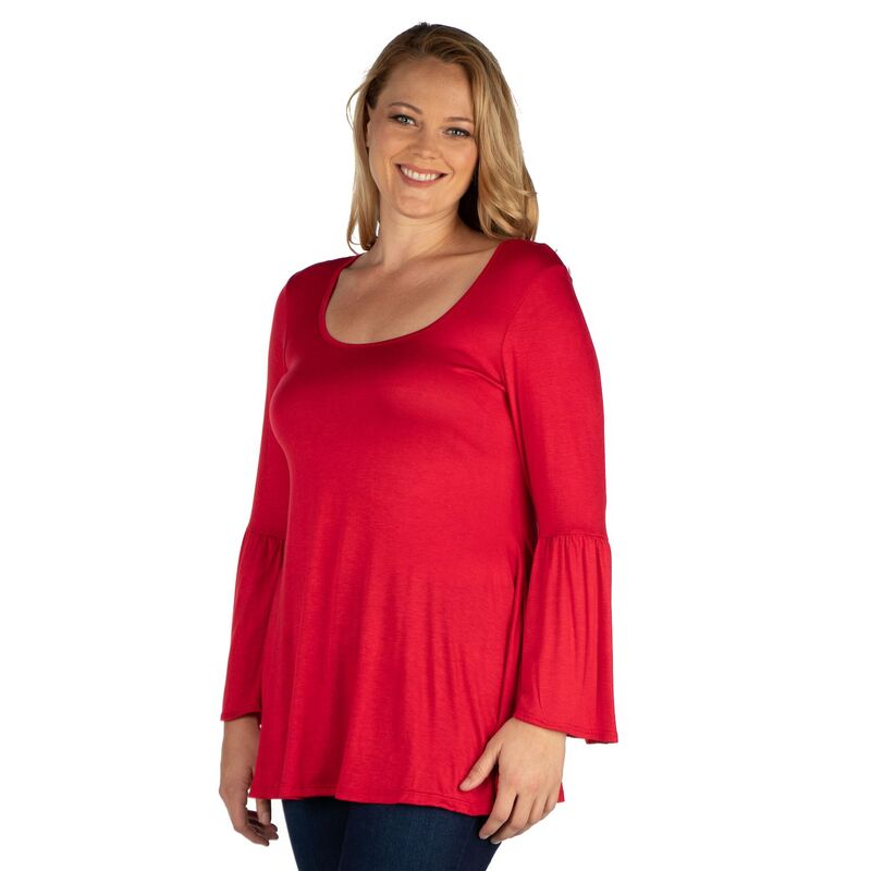 24 セブンコンフォート レディース トップス Tシャツ プラスサイズ Plusize 24Seven Comfort Apparel Bell Sleeve Flared Tunic Top Red レッド｜ReVida 店