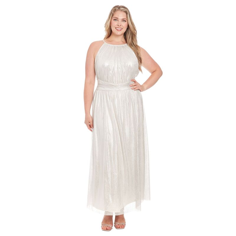 ロンドンタイムス レディース トップス ワンピース プラスサイズ ギャザー マキシ ホルター Plusize London Times Ruched Halter Neck Shimmer Maxi Dressilver シルバー