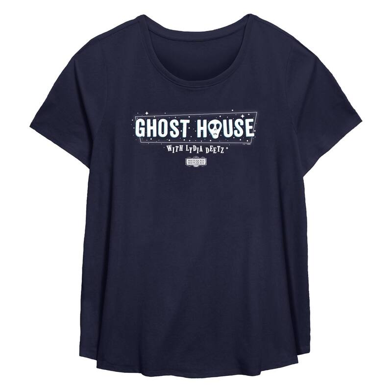 アニメキャラクター レディース トップス Tシャツ プラスサイズ グラフィック Licensed Character Plusize Beetlejuice 2 Ghost House With Lydia Deetz Marquee Sign Flowy Graphic Tee Navy ネイビー