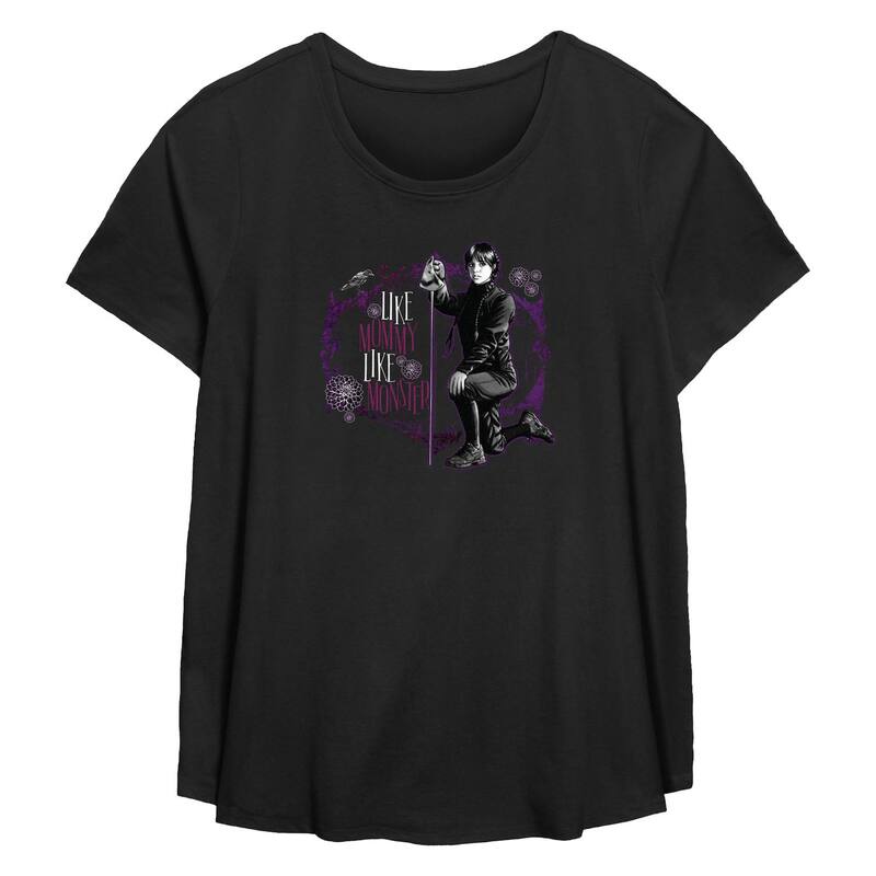 アニメキャラクター レディース トップス Tシャツ プラスサイズ グラフィック Licensed Character Plusize Wednesday Like Mommy Like Monster Flowy Graphic Tee Black ブラック
