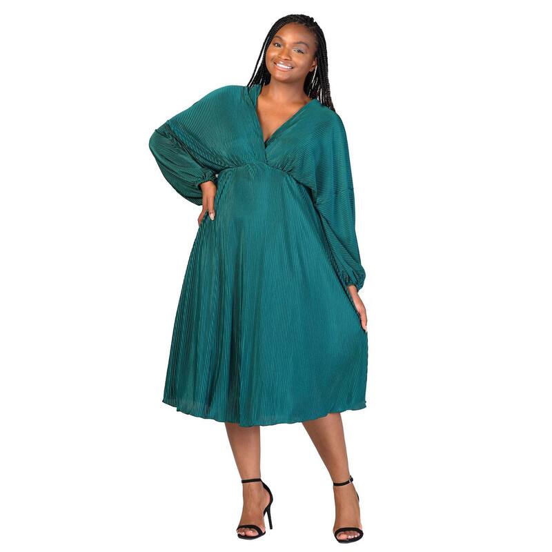 24 セブンコンフォート レディース トップス ワンピース Vネック プラスサイズ プリーツ ミディ エンパイア Plusize 24Seven Comfort Apparel Shimmer Pleated V Neck Empire Waist Bishop Sleeve Midi Dress Hunter｜ReVida 店