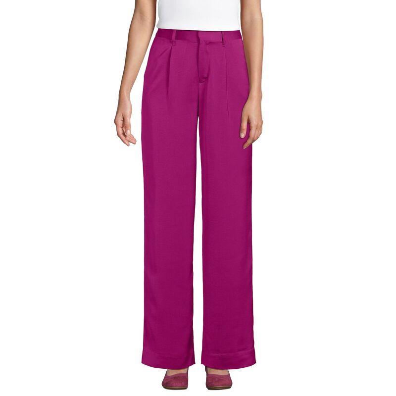 ランズエンド レディース ボトムス カジュアルパンツ ワイドレッグ プリーツ サテン Women's Lands' End Satin Wide Leg Pleated Pants Vivid Berry Pink ピンク