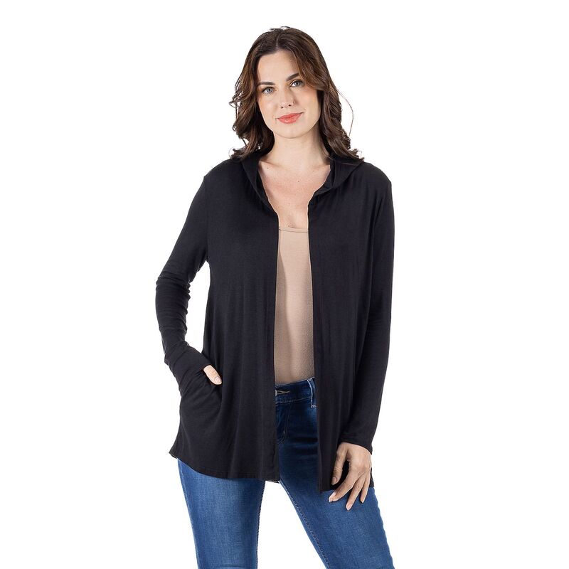 24 セブンコンフォート レディース アウター 編み物・プルオーバー ジレー Women\u0027s 24Seven Comfort Apparel Open Front Lightweight Hooded Cardigan Black 黒いこと トップス-セーター