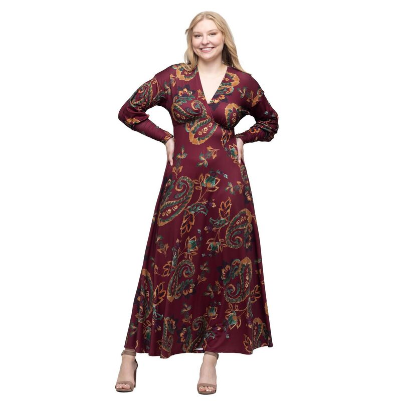 24 セブンコンフォート レディース トップス ワンピース A ライン マキシ Women's 24Seven Comfort Apparel Bishop Sleeve A-Line Maxi Dress Wine Multi ワイン｜ReVida 店