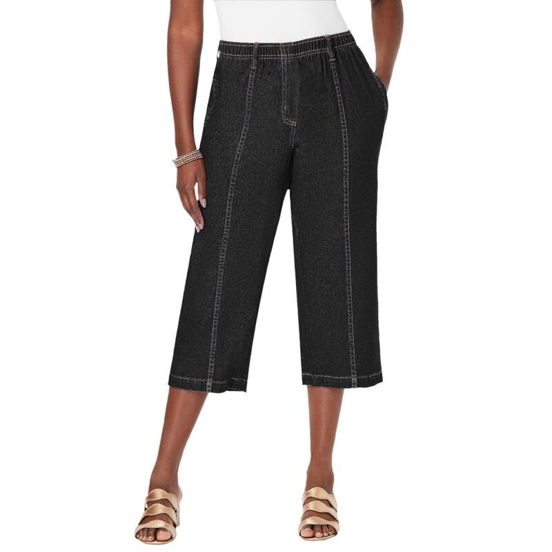 ロアマンズ レディース ボトムス カジュアルパンツ プラスサイズ コットン キャップ Roaman's Women's Plusize Complete Cotton Straight-Leg Capri Black Denim ブラック｜ReVida 店