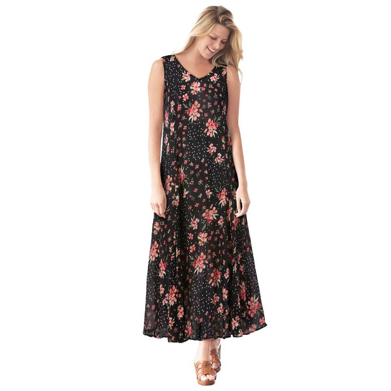ウーマン ウィズイン レディース トップス ワンピース プラスサイズ プチ ノースリーブ Woman Within Women's Plusize Petite Sleeveless Crinkle Dress Black Patch Floral ブラック｜ReVida 店