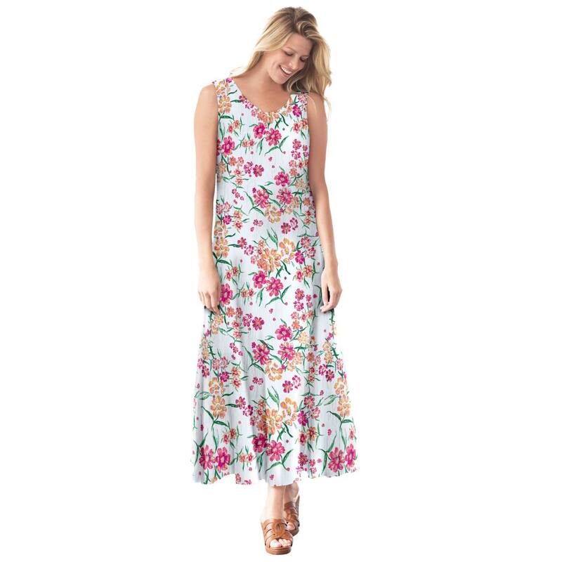 ウーマン ウィズイン レディース トップス ワンピース プラスサイズ プチ ノースリーブ Woman Within Women's Plusize Petite Sleeveless Crinkle Dress White Floral ホワイト