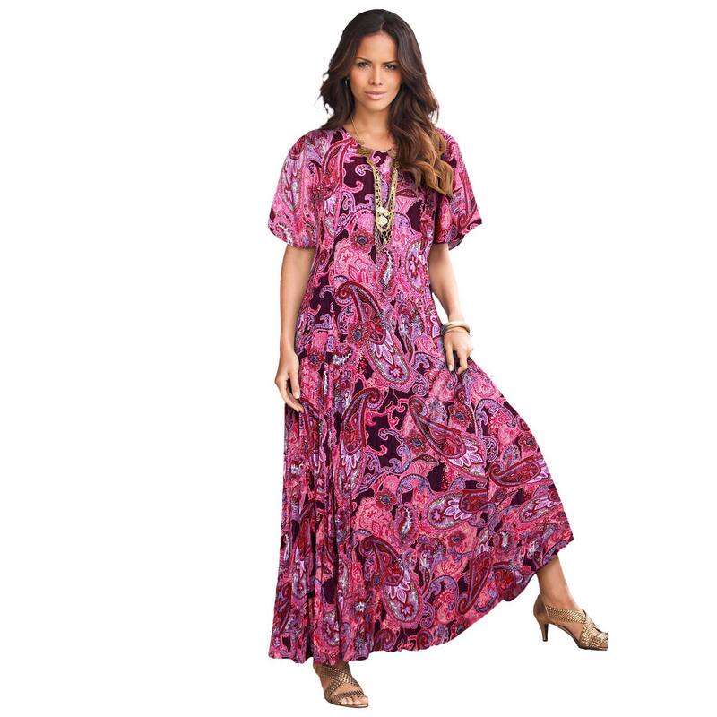 ロアマンズ レディース トップス ワンピース プラスサイズ Roaman's Women's Plusize Flutter-Sleeve Crinkle Dress Raspberry Mixed