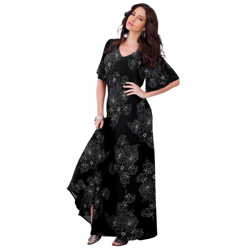 ロアマンズ レディース トップス ワンピース プラスサイズ Roaman's Women's Plusize Flutter-Sleeve Crinkle Dressketched Bouquet|ReVida 店