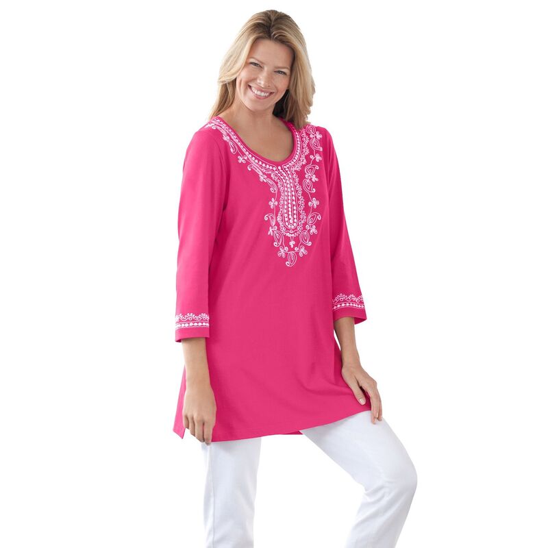 ウーマン ウィズイン レディース トップス Tシャツ プラスサイズ 刺繍 ニット Woman Within Women's Plusizembroidered Knitunic Raspberry Sorbet｜ReVida 店