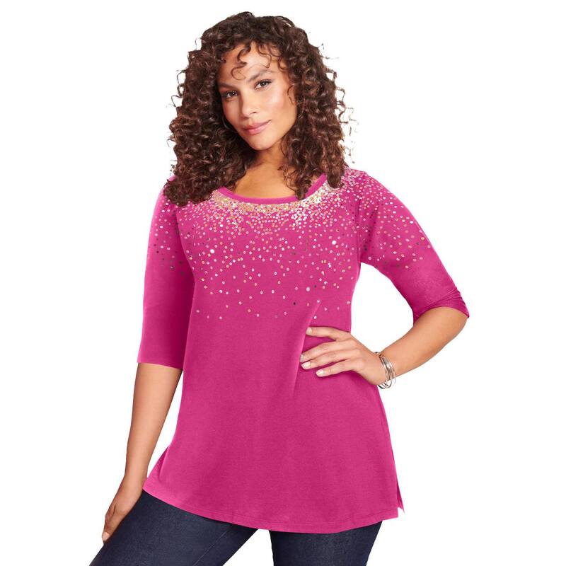ロアマンズ レディース トップス Tシャツ プラスサイズ Roaman's Women's Plusize Three-Quarter Sleevembellished Tunic Berry Multi Sequin マルチカラー