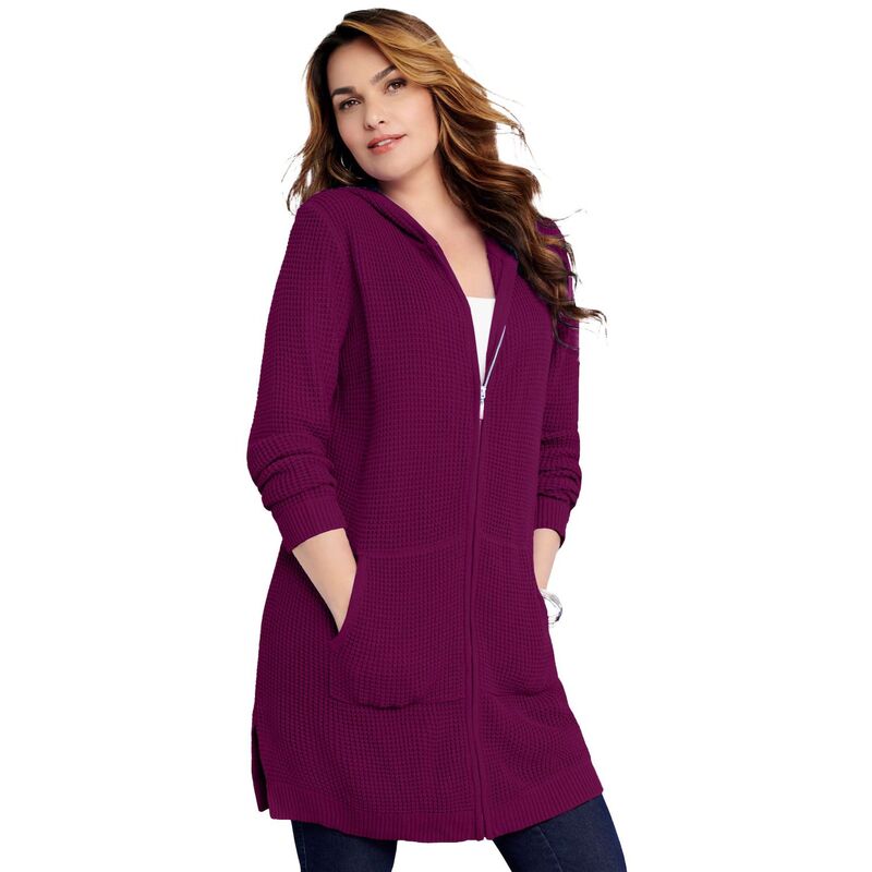 ロアマンズ レディース アウター ニット・セーター プラスサイズ カーディガン Roaman's Women's Plusize Mega-Length Waffle-Knit Cardigan Dark Berry