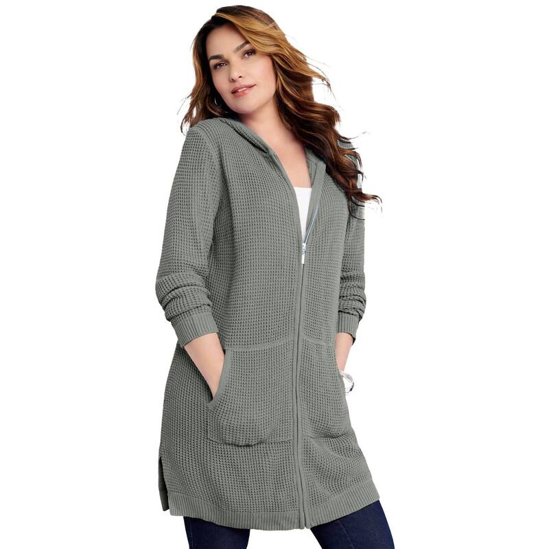 ロアマンズ レディース アウター ニット・セーター プラスサイズ カーディガン Roaman's Women's Plusize Mega-Length Waffle-Knit Cardigan Medium Heather Grey グレー