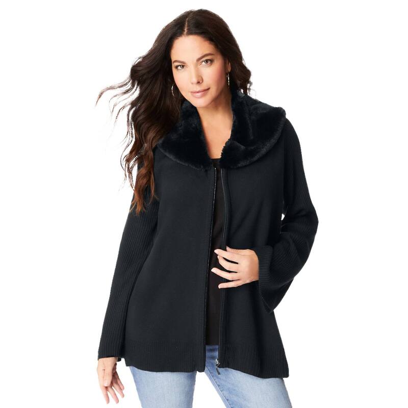 ロアマンズ レディース アウター ニット・セーター プラスサイズ カーディガン Roaman's Women's Plusize Faux Fur Collar Cardigan Sweater. Black ブラック