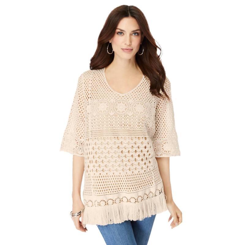 ロアマンズ レディース アウター ニット・セーター プラスサイズ フリンジ Roaman's Women's Plusize Fringed Crochet Sweater Oatmeal オートミール