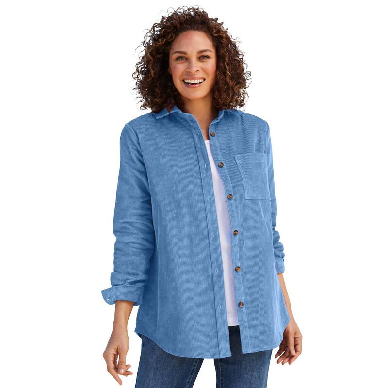 ウーマン ウィズイン レディース トップス シャツ コーデュロイ プラスサイズ Woman Within Women's Plusize Corduroy Shirt Blue Coast ブルー|ReVida 店