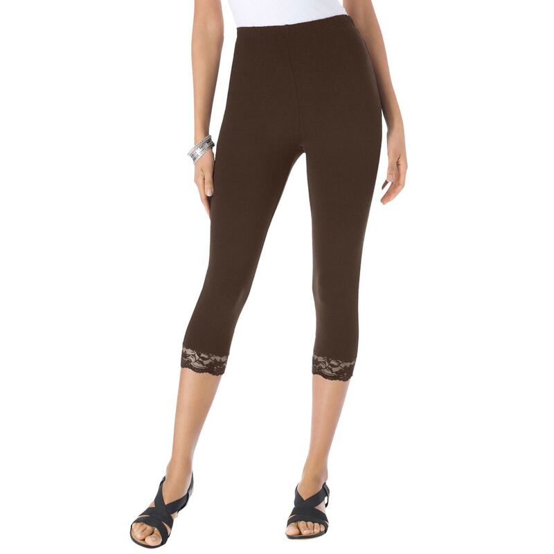 ロアマンズ レディース ボトムス カジュアルパンツ プラスサイズ キャップ レース Roaman's Women's Plusize Lace-Trim Essential Stretch Capri Legging Chocolate チョコレート｜ReVida 店