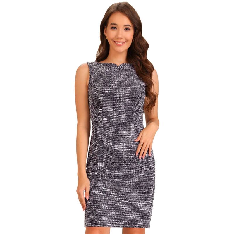 アレグラ ケー レディース トップス ワンピース ツイード ノースリーブ ALLEGRA K Tweedress for Women's Business Boat Neck Sleeveless Plaid Sheath Dresses Black ブラック|ReVida 店