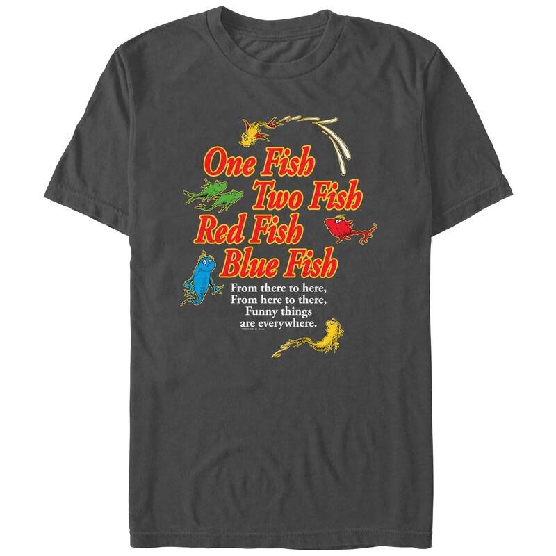 アニメキャラクター メンズ トップス Tシャツ グラフィック Licensed Character Men's Dr. Seuss One Fish Two Fish Red Fish Blue Fish Poster Graphic Tee Charcoal チャコール｜ReVida 店
