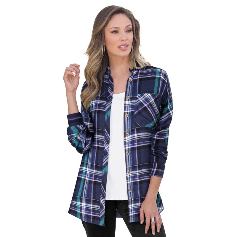 ロアマンズ レディース トップス Tシャツ プラスサイズ Roaman Women Plusize Plaid Flannel Tunic Navy Light Jade Plaid ネイビー
