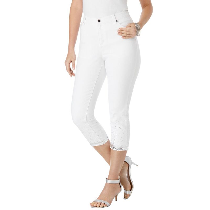 ロアマンズ レディース ボトムス カジュアルパンツ プラスサイズ スパンコール キャップ Roaman's Women's Plusize Sequin Trim Straight-Leg Capri Jean Silver Sequin Trim シルバー
