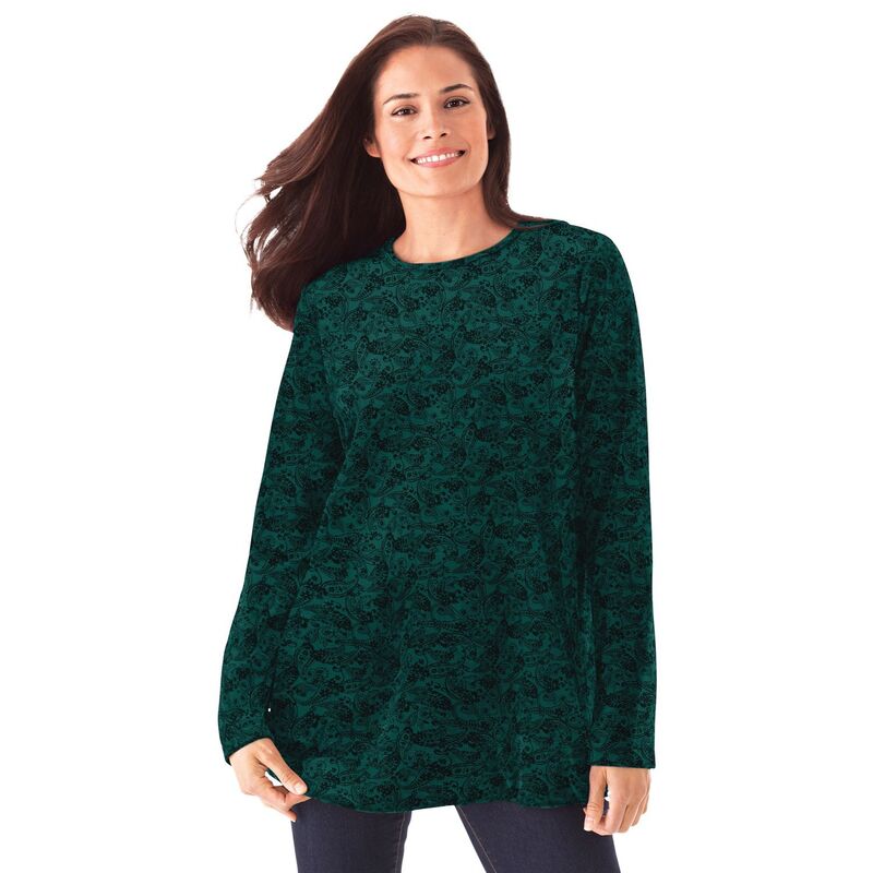 ウーマン ウィズイン レディース トップス Tシャツ プラスサイズ スウェット Woman Within Women's Plusize Plush Velour Tunic Sweatshirt Emerald Green Floral グリーン