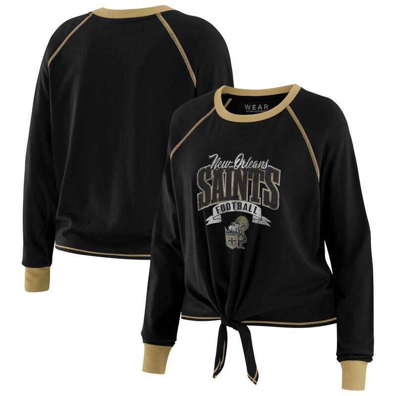 ウェア バイ エリン アンドルーズ レディース トップス Tシャツ プラスサイズ Women's WEAR by Erin Andrews Black/Gold New Orleansaints Plusize Tie-Front Long Sleeve Top Snt Black ブラック