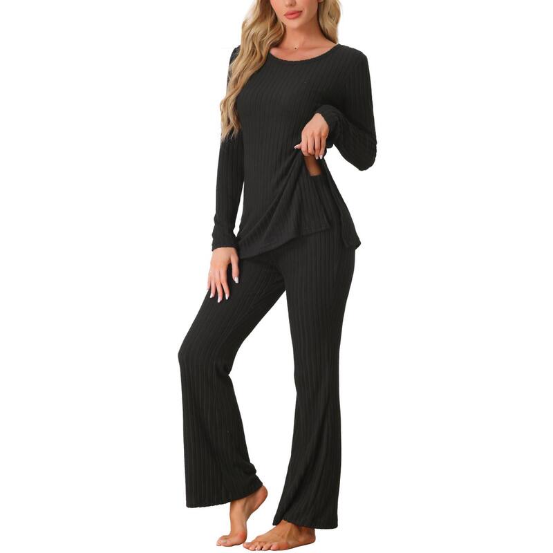 cheibear レディース アンダーウェア ナイトウェア リブ パンツ ニット cheibear Womens Ribbed Knit Lounge Set Long Sleeves Top and Pants Pajama Sets Two Piece Matching Outfitset Black ブラック|ReVida 店