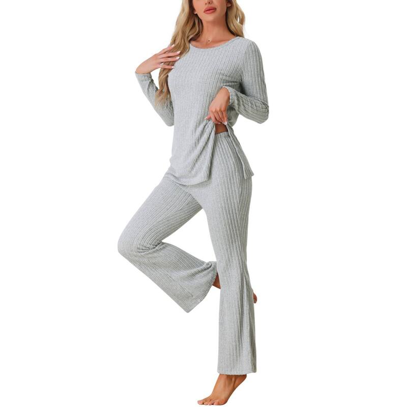 cheibear レディース アンダーウェア ナイトウェア リブ パンツ ニット cheibear Womens Ribbed Knit Lounge Set Long Sleeves Top and Pants Pajama Sets Two Piece Matching Outfitset Gray グレー|ReVida 店