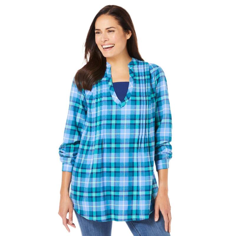 成人女性 ウィズはたご屋 レディース トップス ティーシャツ 付け加える大いさ Woman Within Women\u0027s Plusize Flannel Tunic With Layered Look French Blue Cozy Plaid 青色 レディースファッション-トップス-Tシャツ・カットソー