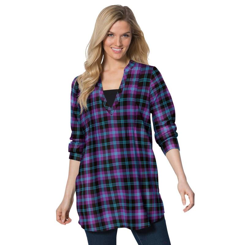 成人女性 ウィズはたご屋 レディース トップス ティーシャツ 付け加える大いさ Woman Within Women\u0027s Plusize Flannel Tunic With Layered Look Midnight Plum Plaid 酸桃 レディースファッション-トップス