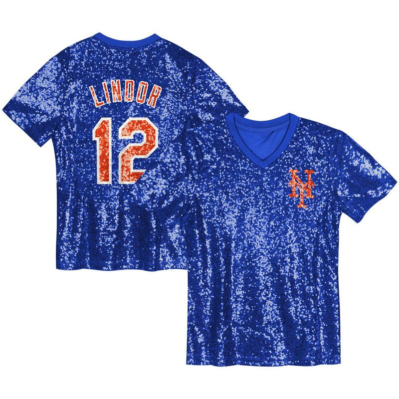 アウタースタッフ レディース トップス Tシャツ Vネック スパンコール Outerstuff Juniors Francisco Lindoroyal New York Mets Name & Number Sequin V-Neck Top Met Blue ブルー