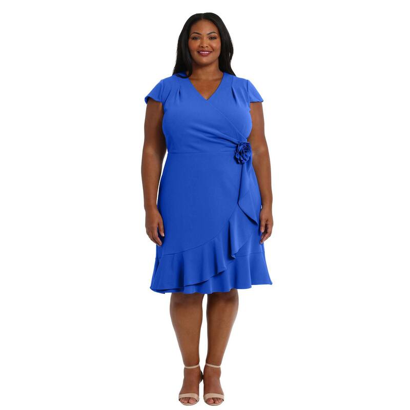 ロンドンタイムス レディース トップス ワンピース プラスサイズ フリル Plusize London Times Rosette Wrap Cascade Ruffle Dress Cobalt コバルト|ReVida 店