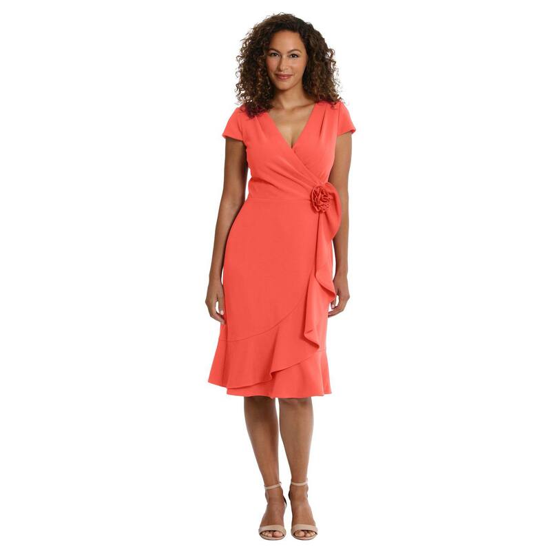 ロンドンタイムス レディース トップス ワンピース プチ フリル キャップ Petite London Timesurplice Neck Cap Sleeve Faux Wrap Cascade Ruffle Dress Hot Coral コーラル