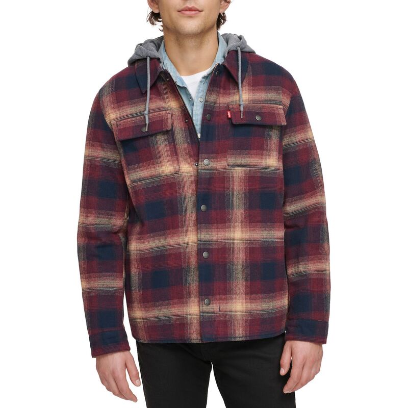 リーバイス メンズ アウター ジャケット・ブルゾン シャツ フリース Men's Levi'shirt Jacket with Fleece Hood Red Blue Plaid ブルー