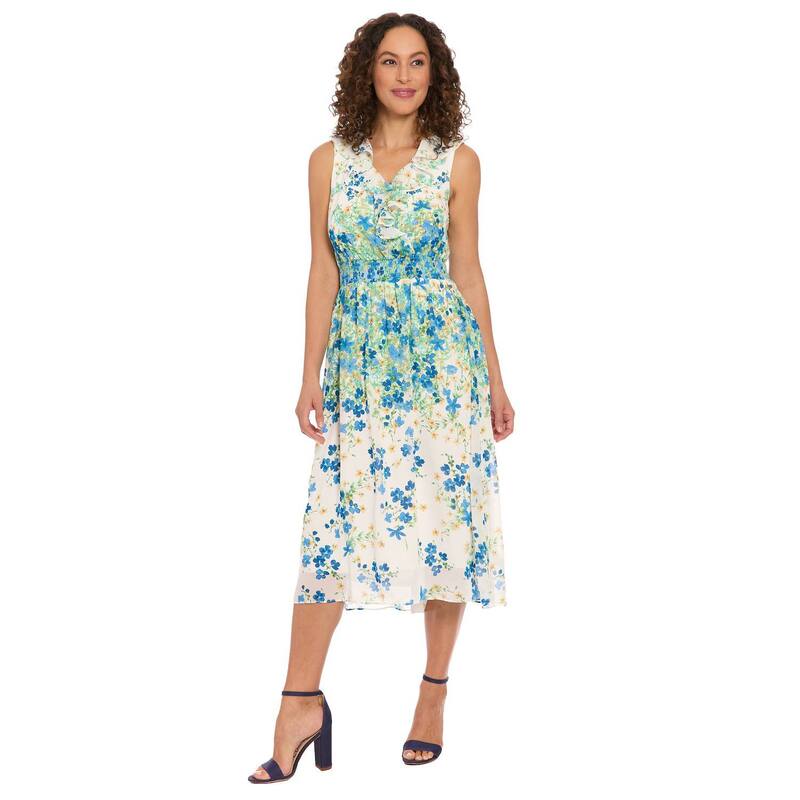ロンドンタイムス レディース トップス ワンピース Vネック ミディ シャーリング Women's London Times V-Neck Smocked Waist Midi Dress White Blue ホワイト|ReVida 店