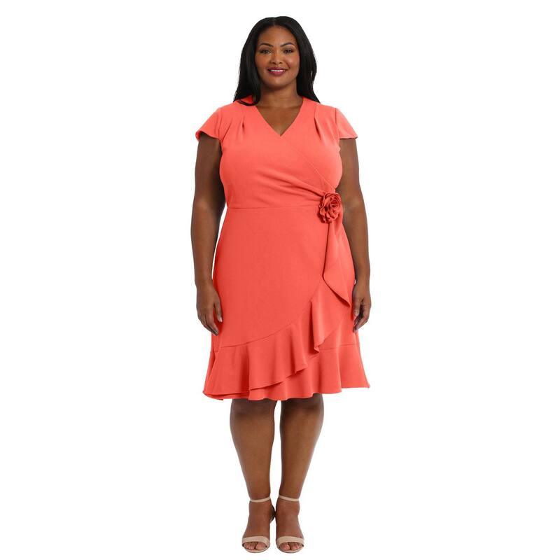 ロンドンタイムス レディース トップス ワンピース プラスサイズ フリル Plusize London Times Rosette Wrap Cascade Ruffle Dress Hot Coral コーラル|ReVida 店