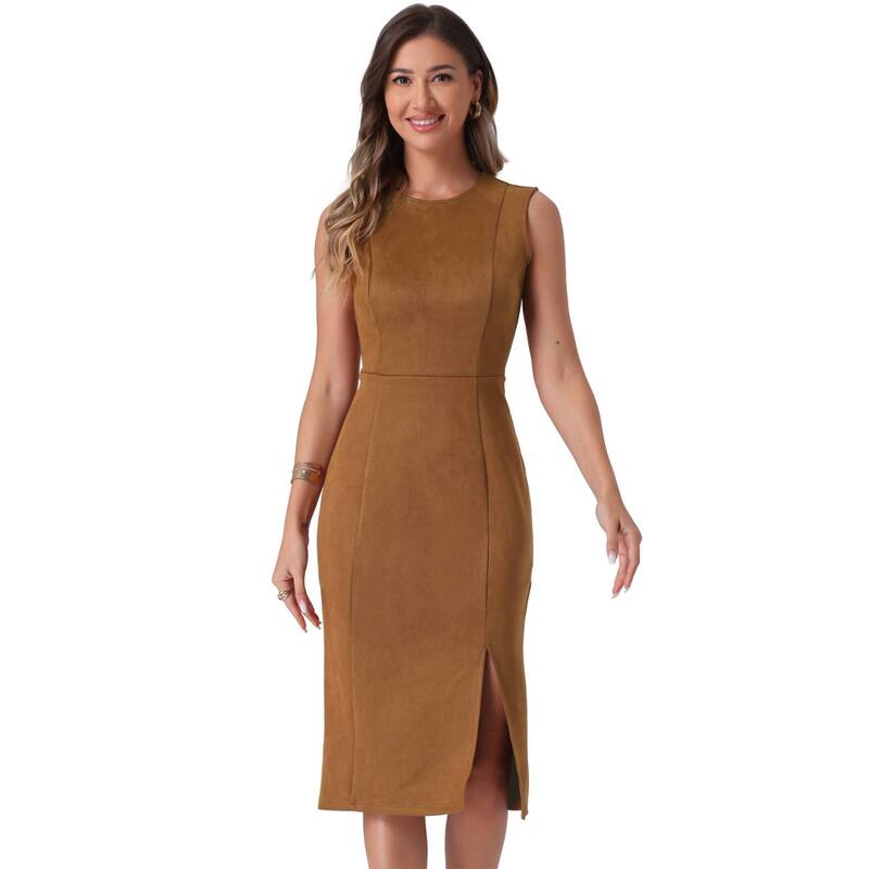 アレグラ ケー レディース トップス ワンピース クルーネック スエード ノースリーブ ALLEGRA K Faux Suede Dresses for Women'sleeveless Crewneck Split Hem Work Sheath Dress Brown ブラウン|ReVida 店