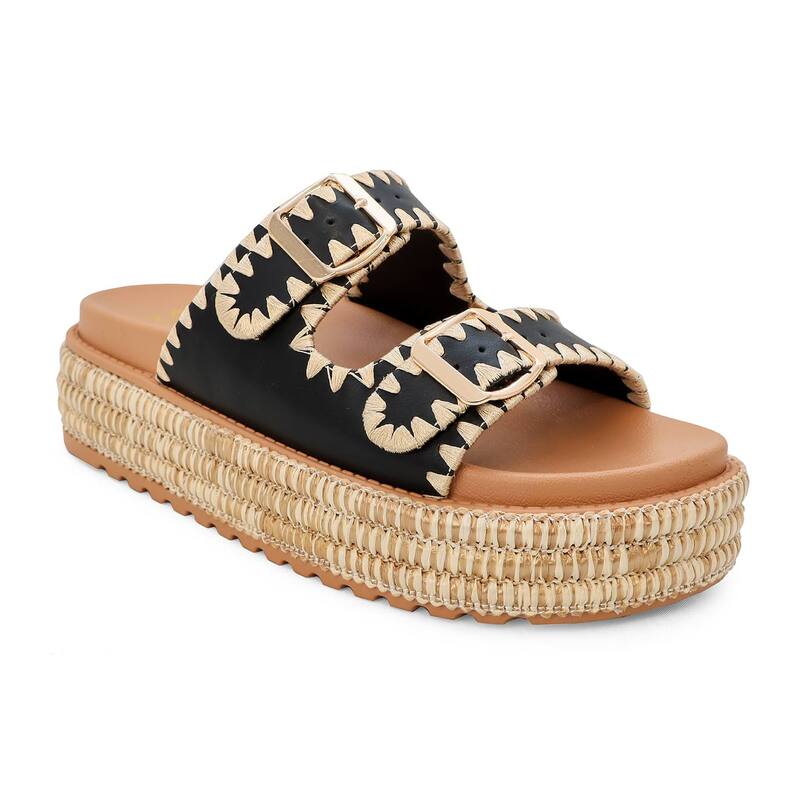 ヨキ レディース シューズ サンダル プラットホーム Yoki Platform Espadrille Double Buckle Stitch Women\u0027sandals Black 黒いこと レディース靴-サンダル