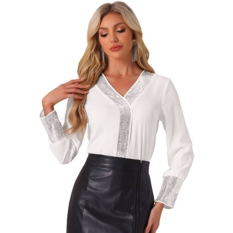 アレグラ ケー レディース トップス シャツ Vネック スパンコール ブラウス ALLEGRA K Sequin Blouse for Women's V Neck Long Sleeve Casualightweight Blouse Shirts White ホワイト