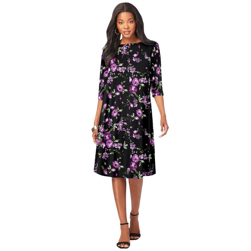 ロアマンズ レディース トップス ワンピース プラスサイズ Roaman's Women's Plusize Ultrasmooth Fabric Boatneck Swing Dress Purple Rose Floral パープル