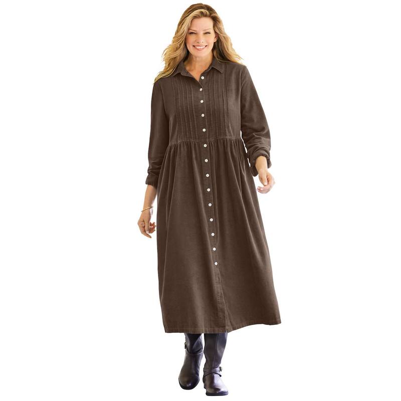 ウーマン ウィズイン レディース トップス ワンピース コーデュロイ プラスサイズ プチ Woman Within Women's Plusize Petite Button Front Corduroy Dress Chocolate チョコレート|ReVida 店