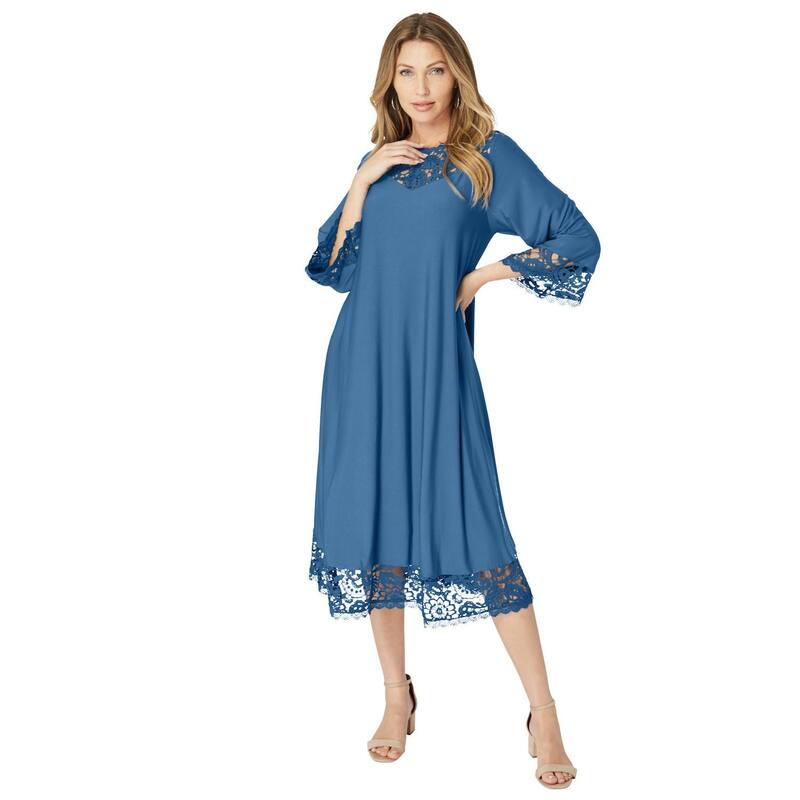 ロアマンズ レディース トップス ワンピース プラスサイズ レース Roaman's Women's Plusize Ultrasmooth Fabric Lace Inset Boatneck Dress Dusty Indigo インディゴ