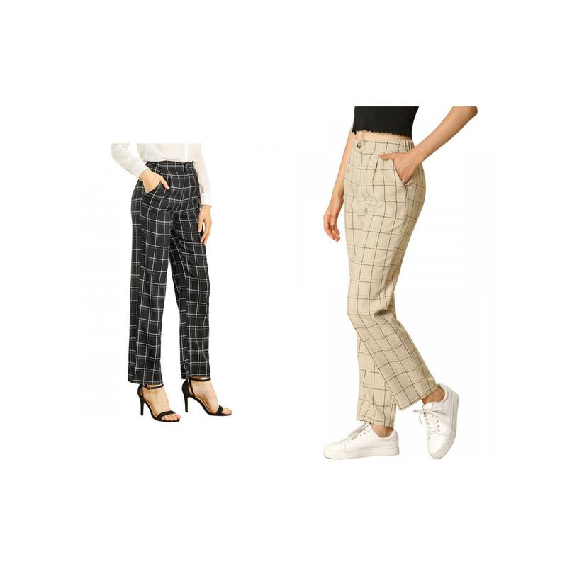 アレグラ ケー レディース ボトムス カジュアルパンツ ストレート ALLEGRA K 2 Packs Women's Plaid Elastic Waist Button Zipper Straight Leg Long Pants Khaki Black ブラック