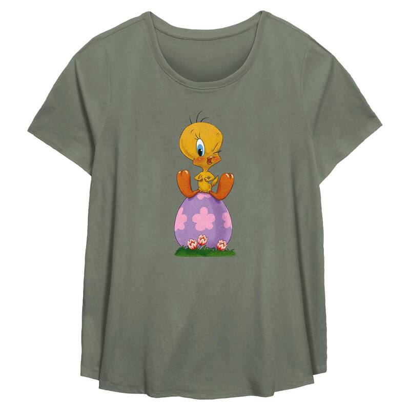 アニメキャラクター レディース トップス Tシャツ プラスサイズ グラフィック Licensed Character Plusize Looney Tunes Tweety Bird Sitting On Easter Egg Flowy Graphic Tee Sage セージ
