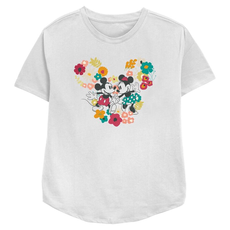 ウォルトディズニー レディース トップス ティーシャツ 伸び伸びする相応う お花柄 お花 グラフィック Disney\u0027s Mickey Mouse With Minnie Mouse Floral Pair Women\u0027s Relaxed Fit Graphic Tee White 白いこと トップス-Tシャツ・カットソー