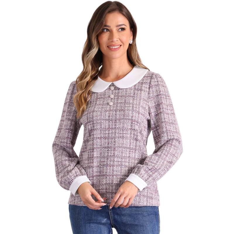 アレグラ ケー レディース トップス シャツ クルーネック ツイード ブラウス ALLEGRA K Tweed Top for Women's Button Decor Crew Neck Long Sleeve Christmas Collar Blouse Pink ピンク 11,506円