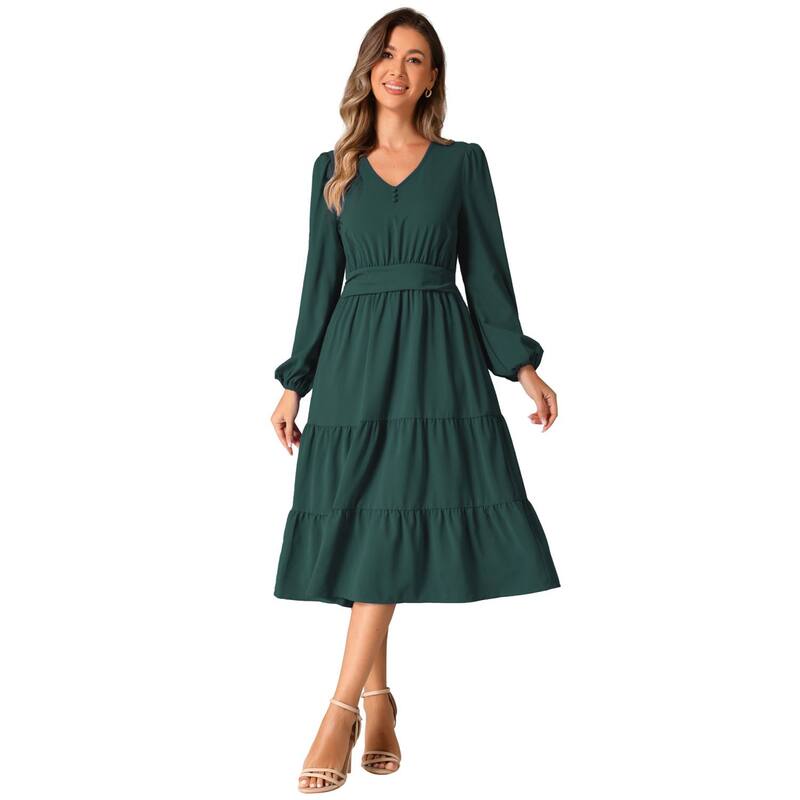アレグラ ケー レディース トップス ワンピース Vネック A ライン フリル ミディ ALLEGRA K V Neck Dress for Women's Lantern Sleeve Ruffle Flowy A-Linelegant Casual Midi Dresses Dark Green グリーン|ReVida 店